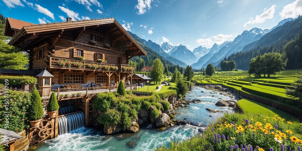 Naklejka premium Wooden Chalet, Water Wheel & Mountain Views
