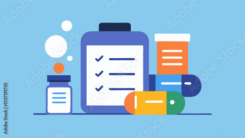 Medication Tracker A visual of pill bottles with a checklist showing a schedule for medication adherence with checkmarks or reminders next to each item.