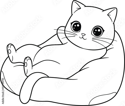 Cat lineart illustration suitable for coloring book featuring cute cat resting on bean bag design