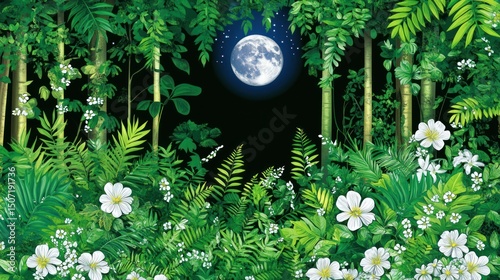 Lush jungle at night with full moon. Use Wallpaper, nature background