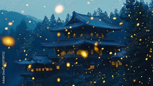 Mystical japanese temple illuminated at dusk surrounded by fireflies in a natural setting