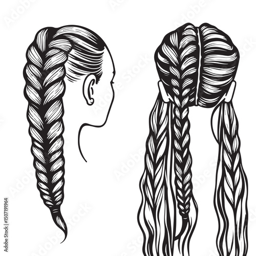Hair plaits and braids concept black and white vector illustration silhouette logo.