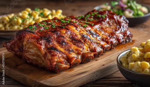 Delicious BBQ ribs with mac and cheese side dish photo