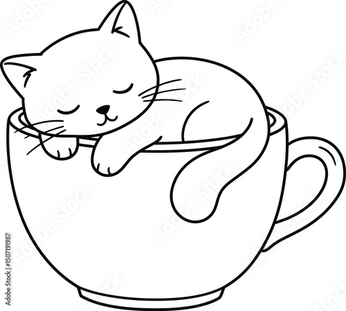 Cat sleeping inside a teacup lineart illustration suitable for coloring book relaxing and cute design