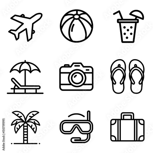 Set of icons on the theme of beach holidays. Travel concept in minimalistic vector style. Airplane, beach ball, tropical cocktail, beach umbrella, camera, flip flops, palm tree, diving mask, suitcase