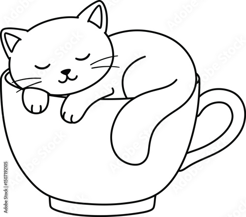 Cat sleeping in teacup lineart illustration suitable for coloring book with cute peaceful design