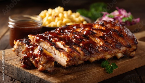 Delicious BBQ ribs on a wooden board, served with mac and cheese and coleslaw