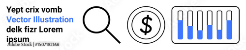 Magnifying glass, dollar symbol, and test tubes with liquid. Ideal for research, finance, data analysis, science, marketing, biotechnology simple landing page