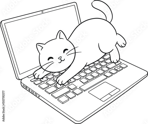 Cat on laptop lineart illustration suitable for coloring book with playful kitten on computer keyboard vector design 