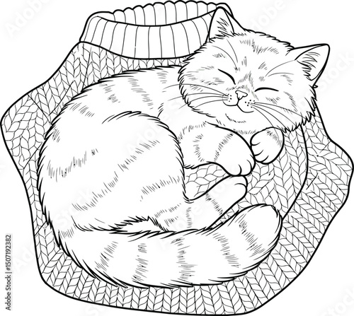 Cat lineart illustration suitable for coloring book featuring sleeping feline on knitted sweater cozy design