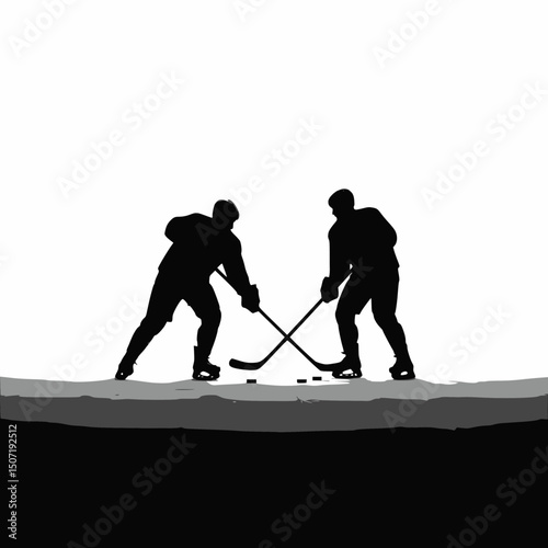 Silhouettes of two ice hockey players facing each other with sticks and pucks on a bright ice surface.