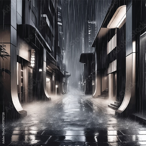 A rainy night scene in a futuristic city alleyway, showcasing sleek, dark buildings with illuminated entrances and a wet, reflective street.