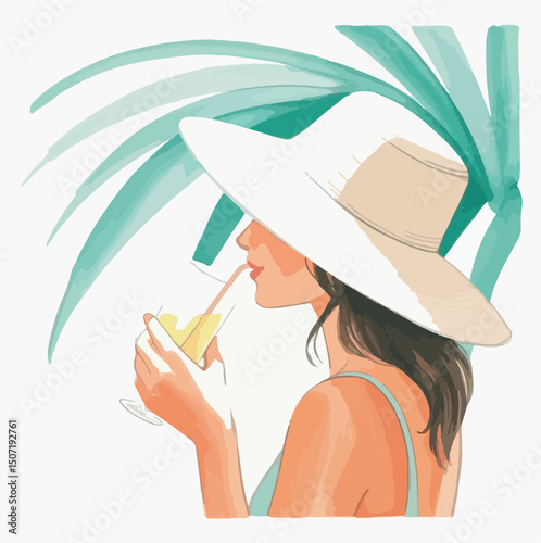 illustration, cocktail, travel, vector, summer, cartoon, sea, rest, vacation, holiday, woman, girl, beach, background, tropical, relax, drawing, poster, resort, drink, hat, flat, ocean, character, 