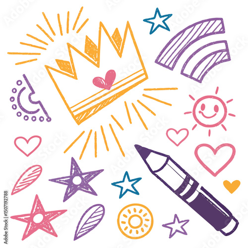 Childlike Doodle Art Featuring Crown Stars Hearts and Crayon