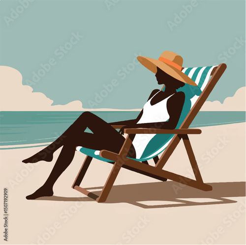 illustration, cocktail, travel, vector, summer, cartoon, sea, rest, vacation, holiday, woman, girl, beach, background, tropical, relax, drawing, poster, resort, drink, hat, flat, ocean, character, 