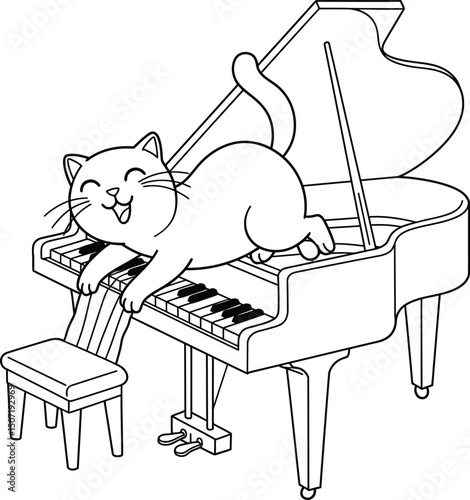 Cat playing piano lineart illustration suitable for coloring book with musical theme and joyful expression