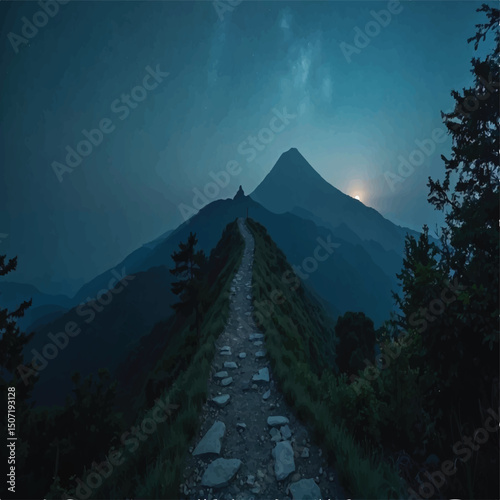 A winding stone path ascends a mountain ridge under a twilight sky, with a distant peak silhouetted against a subtly luminous horizon, offering a serene and slightly mystical landscape.