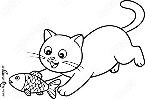 Cat chasing fish lineart illustration suitable for coloring book playful animal scene vector drawing
