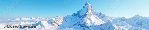 Majestic snow-capped mountain peak rising above a pristine, untouched landscape under a clear blue sky Perfect for winter, nature, and travel themes , summit, elevation