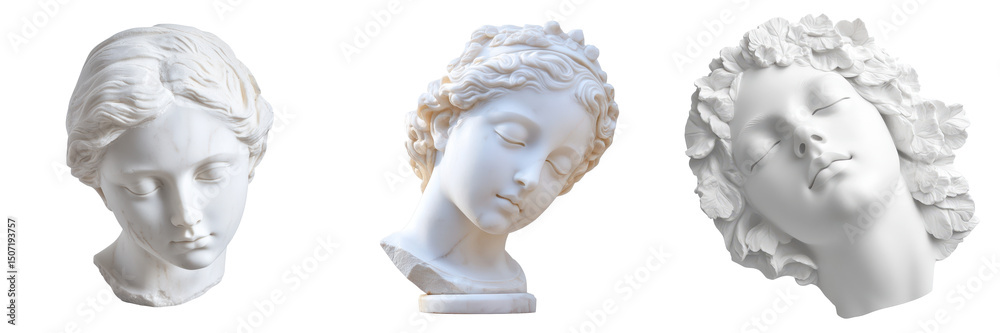 Obraz premium White marble head of young woman, close up, detailed sculpture, isolated on Transparent PNG diecut