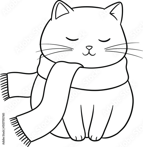 Cat lineart illustration suitable for coloring book featuring cute cat wearing scarf in relaxed pose