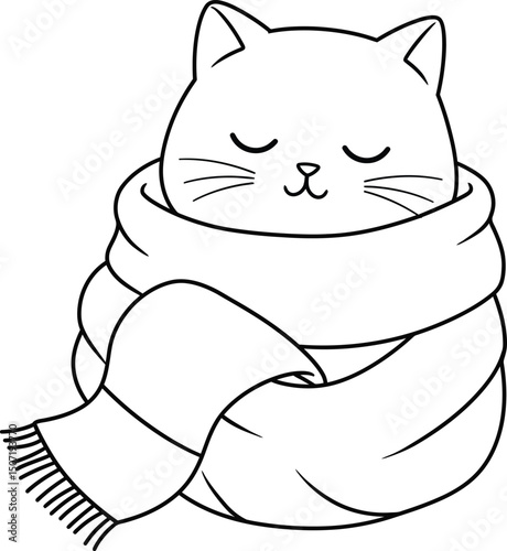 Cat lineart illustration suitable for coloring book wrapped in cozy scarf vector design for relaxation and creativity