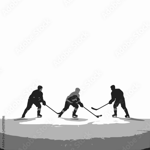 Silhouettes of three ice hockey players in action on a rink, holding sticks. High-contrast black and white.