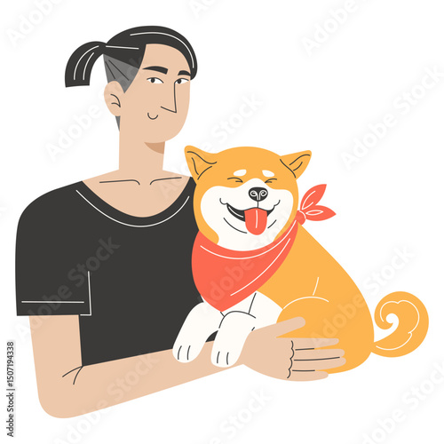 Young Asian Man Holding Shiba Inu Dog Wearing Bandana. Flat Vector Illustration of Cute Pet and Owner