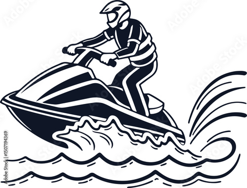 Silhouette vector of jet ski rider splashing through waves in tropical summer vacation setting, energetic black on white minimal art perfect for t-shirt, water sports poster

