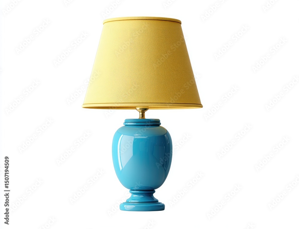 A vibrant teal blue table lamp with a mustard yellow shade A vibrant teal blue table lamp with a mustard yellow shade