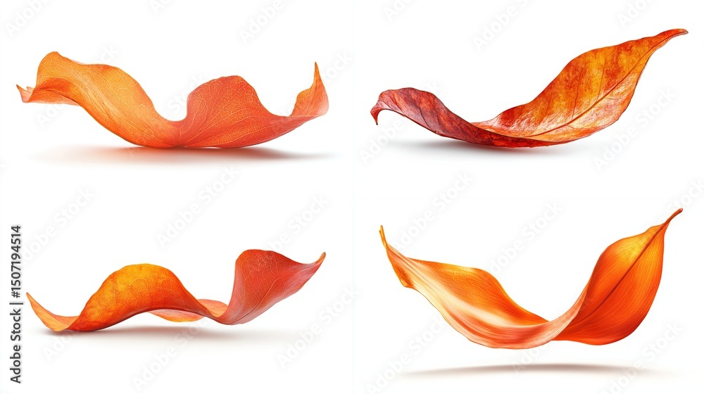 Obraz premium Four vibrant autumn leaves, rendered in a dynamic, flowing pose, against a pure white background