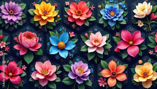 Intricate floral bouquets within hexagons, vibrant hues, surface, geometric pattern, vivid
