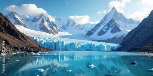 Majestic Andes glacier, towering ice formations reflecting sunlight, dramatic landscape of snow and rock A breathtaking view of pristine nature in South America , ice, Chile, serene