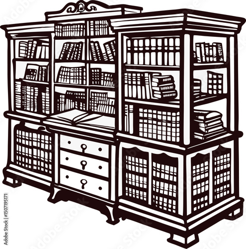 Vintage wooden bookshelf filled with books and decorative carvings