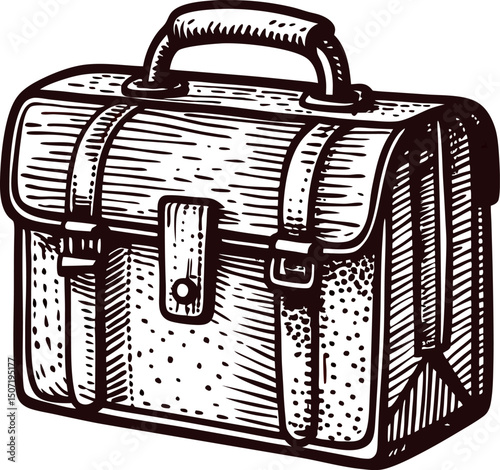 Detailed sketch of vintage leather bag with strap and buckle detailing in classic design