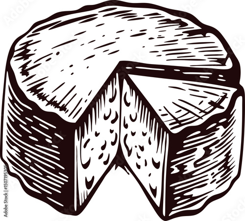 Rustic cheese wheel with a slice removed showing detailed texture