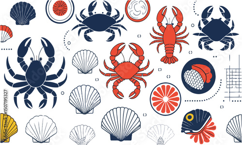Vector illustration featuring minimalistic seafood icons in a modern line-art style, easily scalable and editable. 