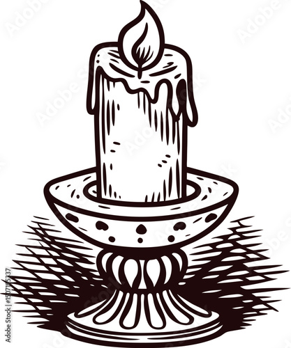 Intricately designed melting candle in ornate holder