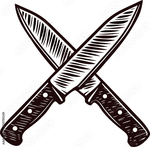 Crossed chef knives in black and white symbolizing culinary arts and precision