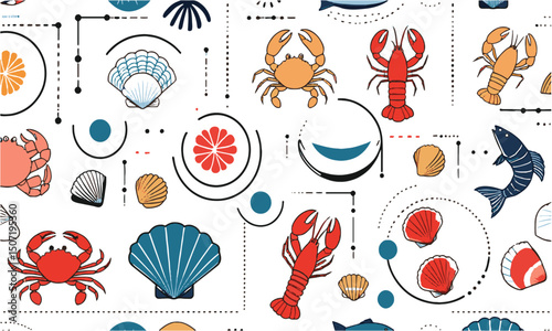 Vector illustration featuring minimalistic seafood icons in a modern line-art style, easily scalable and editable. 