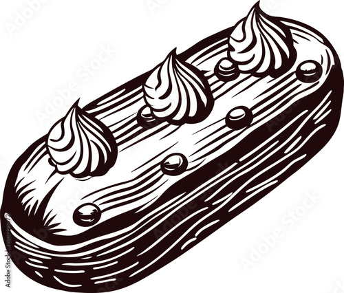 Detailed of a chocolate eclair with cream and toppings
