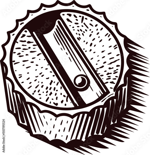Vintage pencil sharpener design with circular blade on textured surface