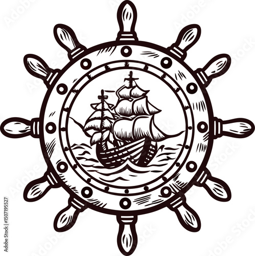 Vintage nautical ship artwork in a classic ship wheel design