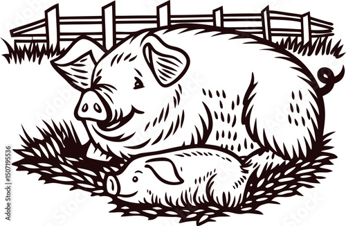 Adult pig resting with piglet in farmyard scene beyond a rustic wooden fence