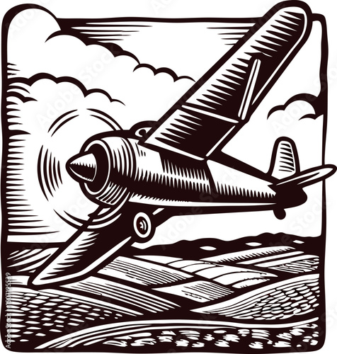 Vintage airplane soaring over scenic farmland in black and white artwork