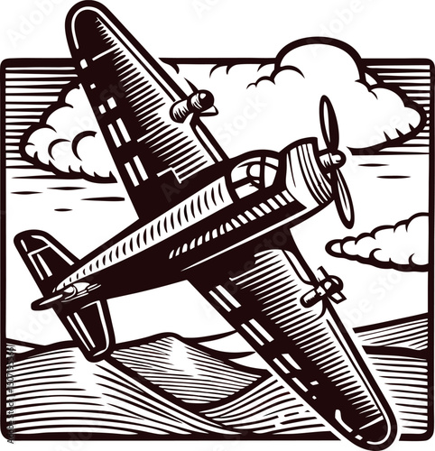 Vintage airplane flying over mountainous landscape with clouds in sky