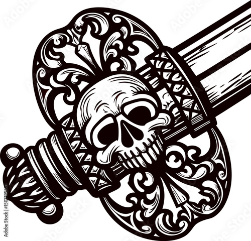 Ornate sword with skull and decorative patterns in black and white design