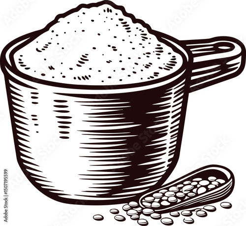Vintage of measuring cup filled with flour and spoon with spilled grains