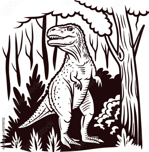 Dinosaurs in a forest setting with trees and prehistoric vegetation