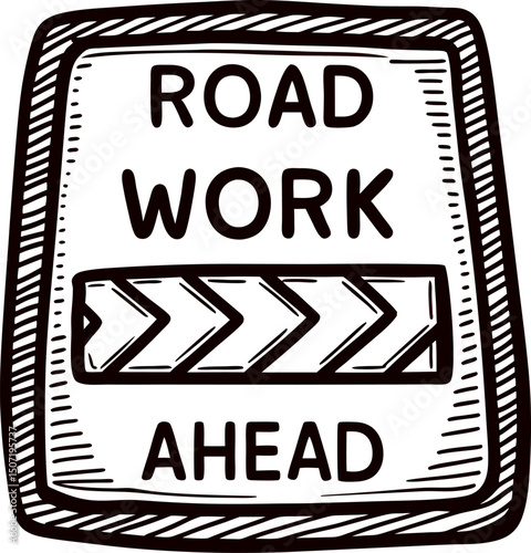 Hand drawn road work ahead sign with chevron arrow design